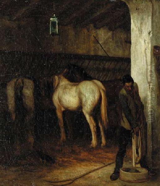 In The Stable Oil Painting by Alexandre Gabriel Decamps