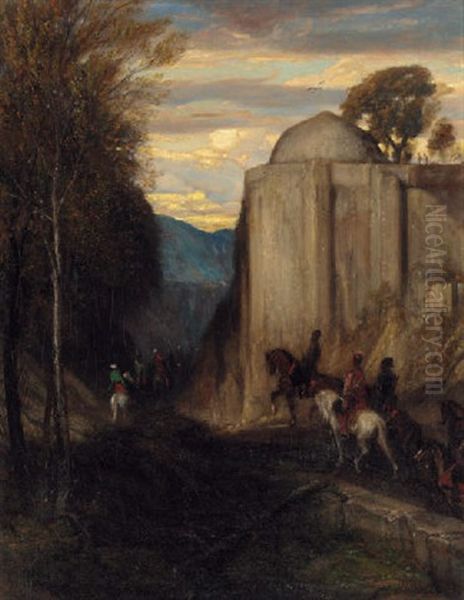 Arab Horsemen Passing A Mosque Oil Painting by Alexandre Gabriel Decamps