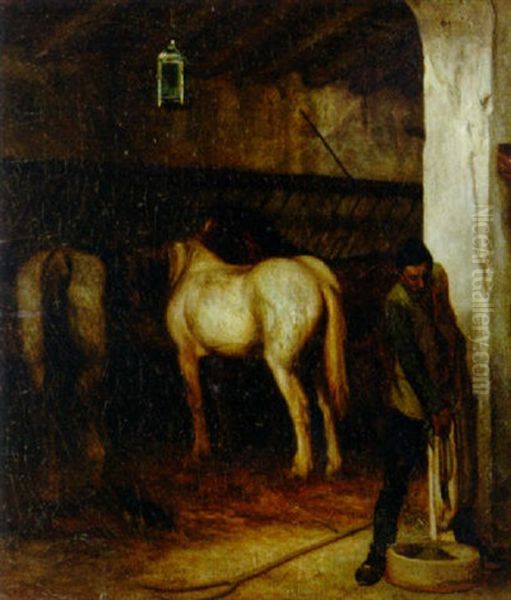 In The Stable Oil Painting by Alexandre Gabriel Decamps