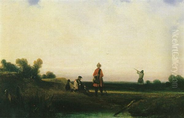 Scene De Chasse Pres De L'etang Oil Painting by Alexandre Gabriel Decamps