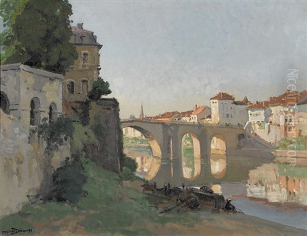 Sonnige Flusspartie In Einer Stadt Mit Brucke Oil Painting by Maurice Alfred Decamps