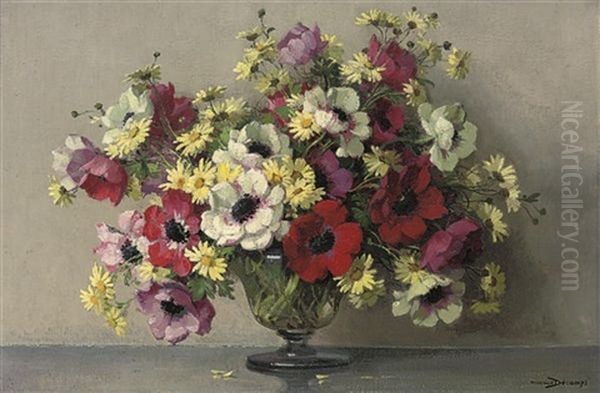 Poppies And Daisies In A Glass Vase Oil Painting by Maurice Alfred Decamps