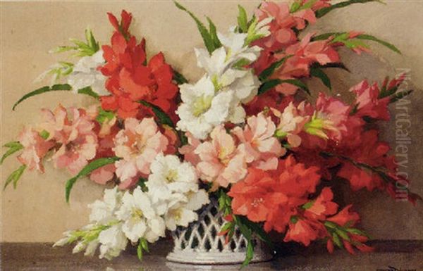 Gladioli In A Porcelain Basket Oil Painting by Maurice Alfred Decamps