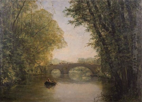 Fluss Mit Booten Und Brucke Oil Painting by Eugene Decan