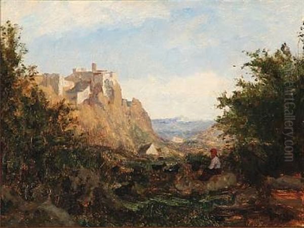 Landscape From Italy With A Shepherdess Guarding Goats Oil Painting by Eugene Decan