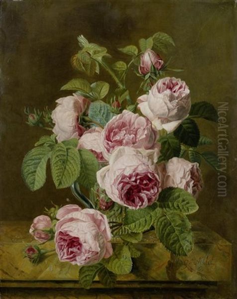 Stillleben Mit Rosen In Einer Glasvase Auf Einer Marmorplatte Oil Painting by Iphigenie Decaux