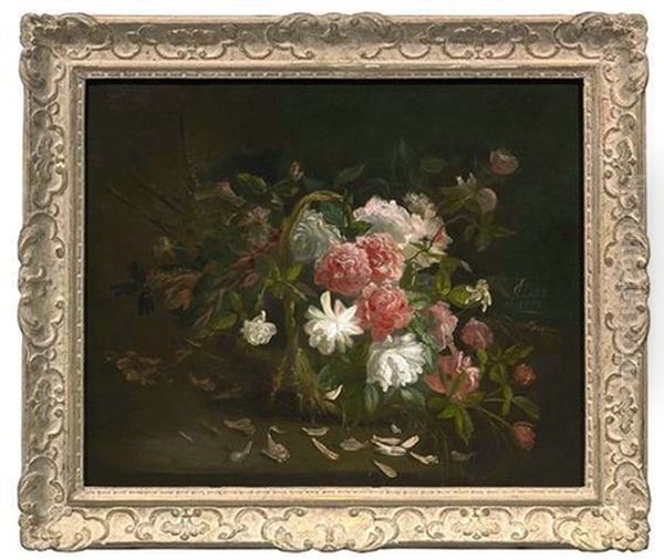 Blumenstilleben Mit Weisen Und Roten Rosen In Einem Korb Oil Painting by Iphigenie Decaux