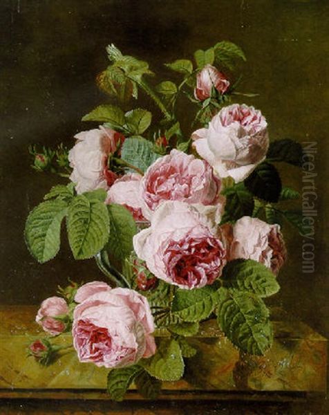 Pink Roses In A Glass Vase On A Marble Edge Oil Painting by Iphigenie Decaux