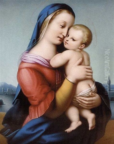 Madonna And Child With A River And City In The Distance (after Raphael) Oil Painting by Andreas Deckelmann