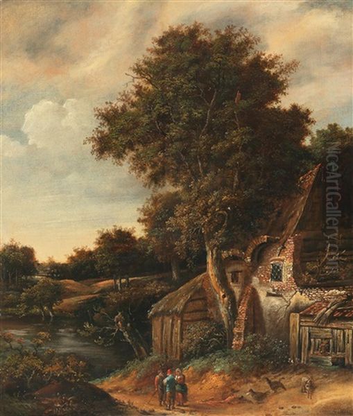 A Landscape With Trees And Farmhouses By A River Oil Painting by Cornelis Gerritsz Decker