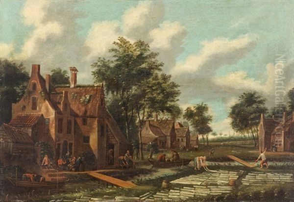 Hollandisches Dorf Am Fluss Mit Mannern Und Frauen Beim Bleichen Von Leinen Oil Painting by Cornelis Gerritsz Decker