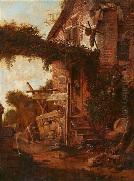 A Farmhouse Courtyard Oil Painting by Cornelis Gerritsz Decker