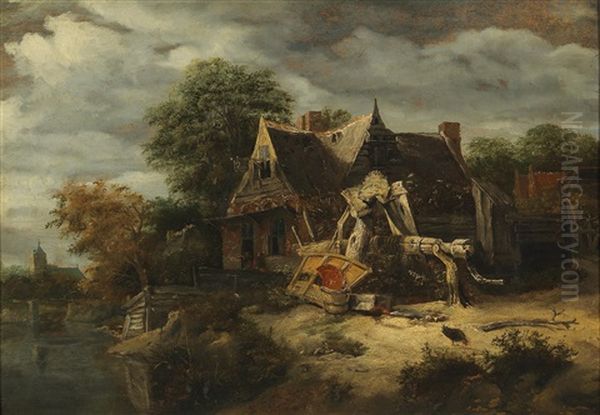 A Farmstead On The Banks Of A River Oil Painting by Cornelis Gerritsz Decker