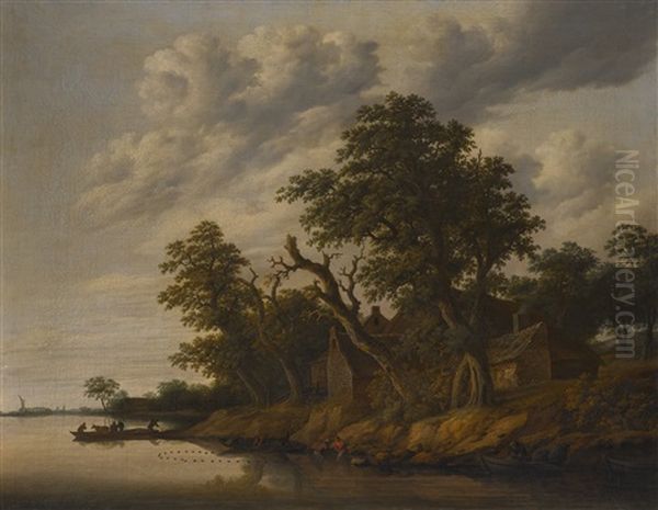 River Landscape With Fishing Boats And A House On The Bank Oil Painting by Cornelis Gerritsz Decker