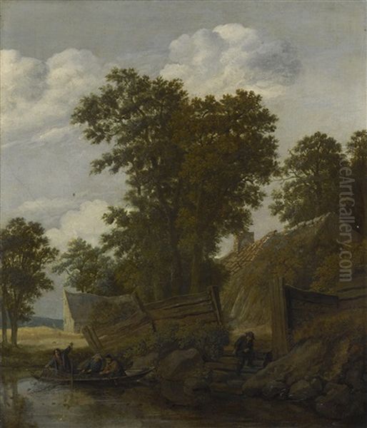 River Landscape With Fishermen In A Boat, Houses Beyond Oil Painting by Cornelis Gerritsz Decker