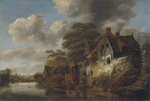 A River Landscape With A Woman At The Door Of A Cottage And A Fisherman Bringing In His Catch Oil Painting by Cornelis Gerritsz Decker