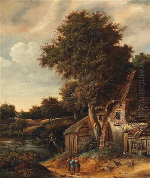 A Landscape With Trees And Farmhouses Near A River Oil Painting by Cornelis Gerritsz Decker