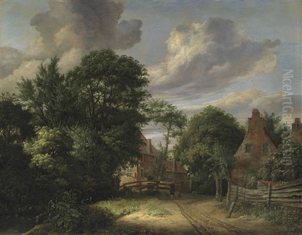 A Wooded Landscape With Man Approaching A Village, Carrying Two Pails On A Yoke by Cornelis Gerritsz Decker