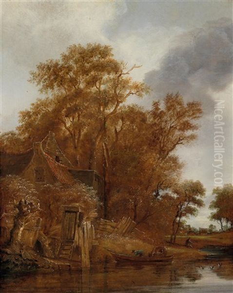 Landschaft Mit Bauernhutte An Einem Fluss Und Fahrboot Oil Painting by Cornelis Gerritsz Decker