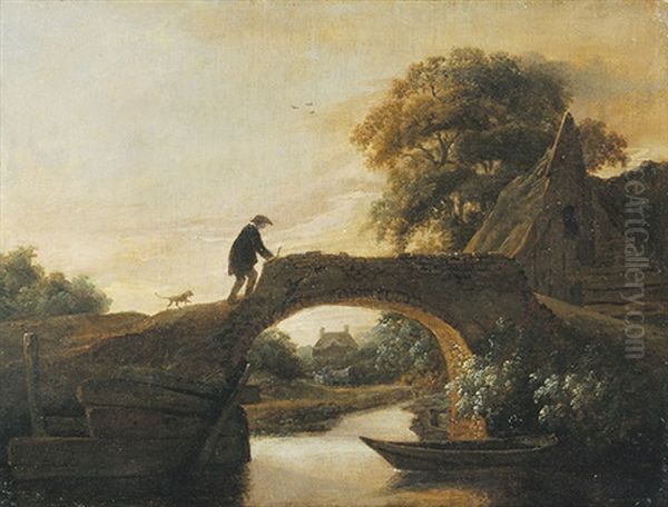 Dorf Mit Bauer Und Hund Auf Einer Brucke Oil Painting by Cornelis Gerritsz Decker