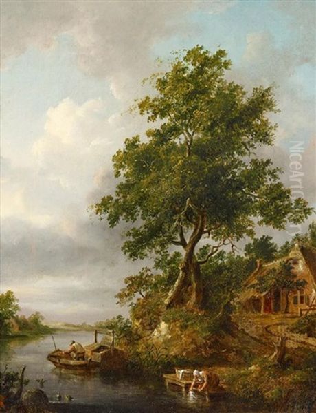 Hollandische Flusslandschaft Mit Wascherin Am Ufer Oil Painting by Cornelis Gerritsz Decker