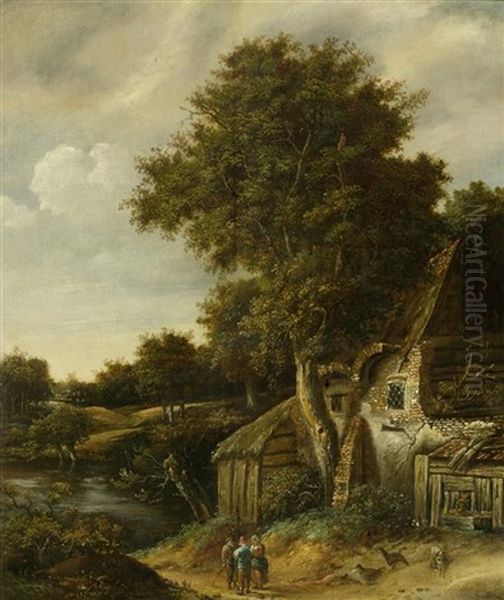 Landschaft Mit Baumen Und Alten Bauernhausern An Einem Fluss Oil Painting by Cornelis Gerritsz Decker