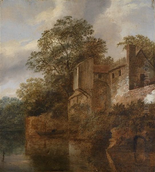 Bewaldetes Flussufer Mit Einem Bauwerk Oil Painting by Cornelis Gerritsz Decker