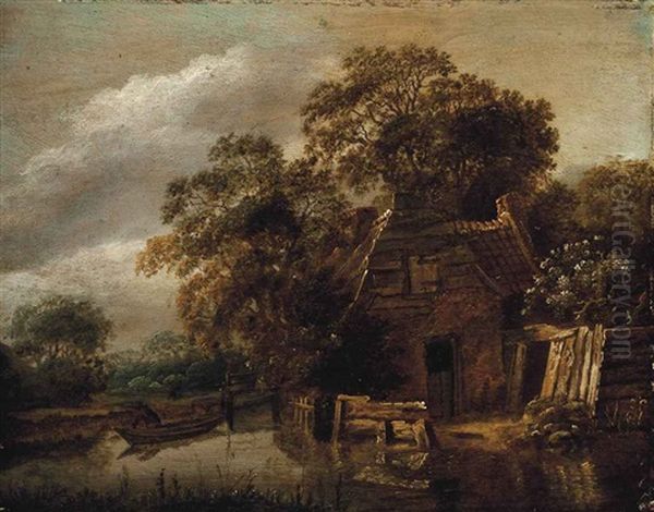 A Cottage By A Stream, With A Fisherman Drawing His Nets In A Boat Beyond Oil Painting by Cornelis Gerritsz Decker