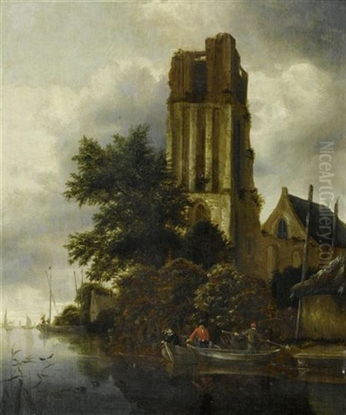 Fischer In Einer Flusslandschaft Vor Einer Kirchenruine Oil Painting by Cornelis Gerritsz Decker