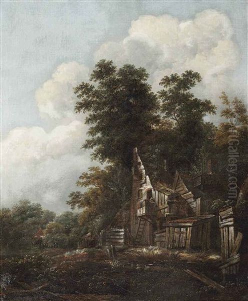 A Wooded Landscape With Figures Outside A Ruinous Cottage by Cornelis Gerritsz Decker