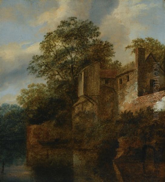 A Figure Standing By A Stone House Along A River Oil Painting by Cornelis Gerritsz Decker