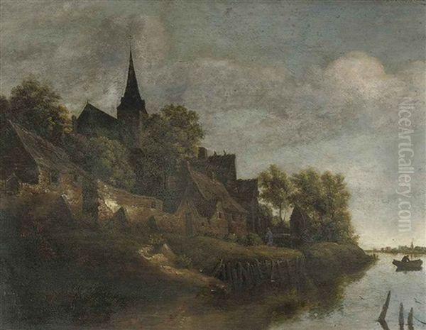 A Wooded River Landscape With Figures Near A Village Oil Painting by Cornelis Gerritsz Decker