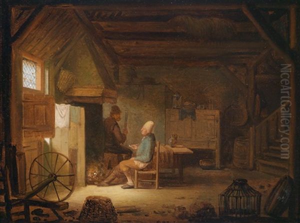 Scheuneninterieur Mit Zwei Mannern Oil Painting by Cornelis Gerritsz Decker