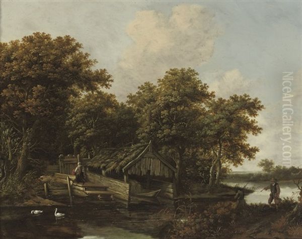 A River Landscape With Fishermen On The Riverbank Oil Painting by Cornelis Gerritsz Decker