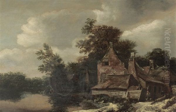 A Wooded River Landscape With A Peasant Carrying Buckets Outside A Cottage, A Fisherman In A Boat Nearby Oil Painting by Cornelis Gerritsz Decker