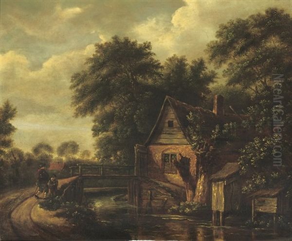 A Wooded River Landscape With Figures On A Track Near A Bridge And A Cottage Oil Painting by Cornelis Gerritsz Decker