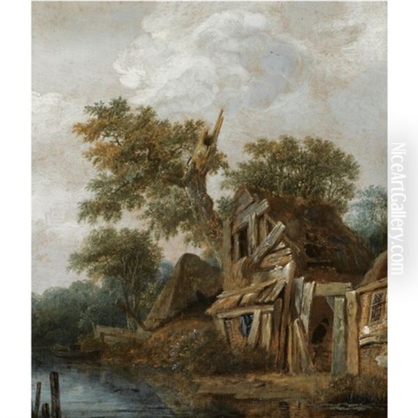 A Wooded Landscape With A Farmstead On The Banks Of A River, A Figure Entering The Cottage Oil Painting by Cornelis Gerritsz Decker