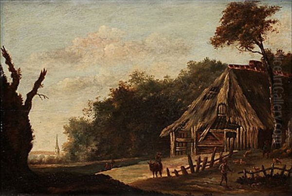 Landskap Med Figurer Och Kreatur Vid Hus Oil Painting by Cornelis Gerritsz Decker