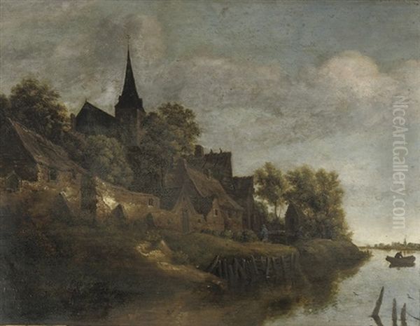 A Wooded River Landscape With Figures Near A Village Oil Painting by Cornelis Gerritsz Decker