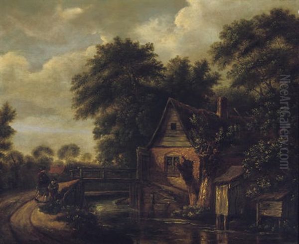 A Wooded River Landscape With Figures On A Track Near A Bridge And A Cottage Oil Painting by Cornelis Gerritsz Decker