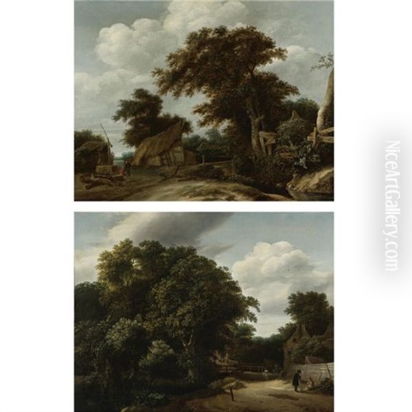 Landscape With A Village Road And Figures Conversing In The Right Foreground (+ Landscape With A Farmyard And A Figure Drawing Water From A Well, Other Figures Conversing Nearby; Pair) Oil Painting by Cornelis Gerritsz Decker