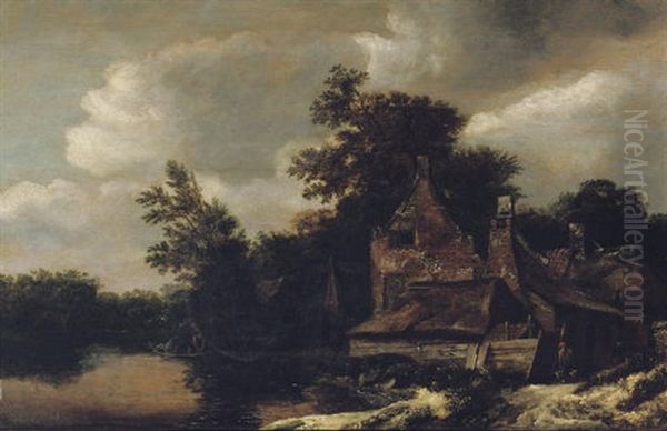 A Wooded River Landscape With A Peasant Carrying Buckets Outside A Cottage, A Fisherman In A Boat Nearby Oil Painting by Cornelis Gerritsz Decker