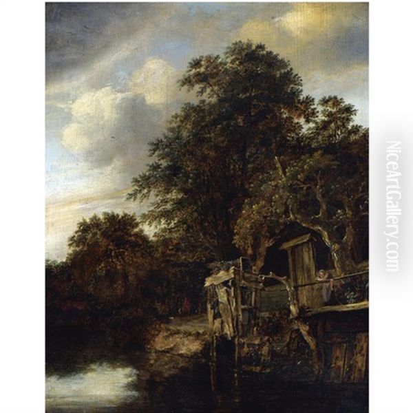 A Wooded River Landscape With A Woman And Child Looking Out Over The Water, A Horseman With His Dog And Another Figure Beyond Oil Painting by Cornelis Gerritsz Decker