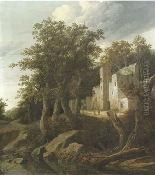 A Wooded River Landscape With Figures Conversing Outside A Ruinous Building Oil Painting by Cornelis Gerritsz Decker