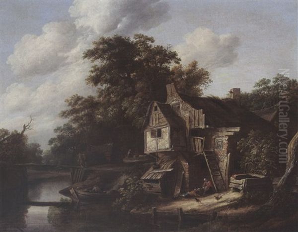 A Farmstead Near A Stream, With A Fisherman In A Rowing Boat, A Couple Crossing A Bridge And Figures Near A Farm Oil Painting by Cornelis Gerritsz Decker