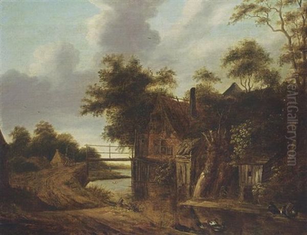 A Landscape With Travellers On A Path Along A Stream Near A Farm Oil Painting by Cornelis Gerritsz Decker