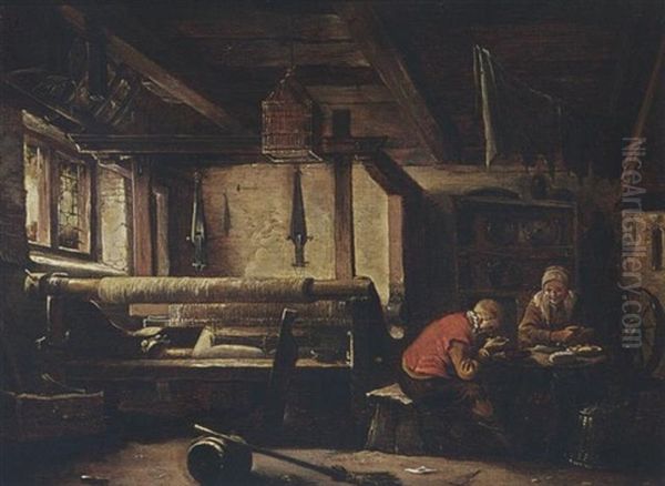 A Weaver's Workshop With A Couple Eating At A Table Oil Painting by Cornelis Gerritsz Decker