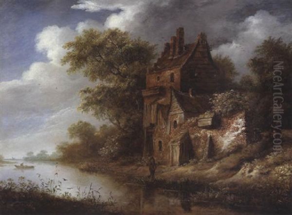 Fluslandschaft Mit Einem Alten Bauernhaus Und Einem Angler Oil Painting by Cornelis Gerritsz Decker