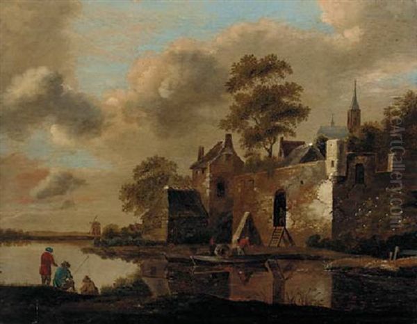 A River Landscape With Fishermen On A Bank And A Ferry Arriving At A Fortified Village Oil Painting by Cornelis Gerritsz Decker