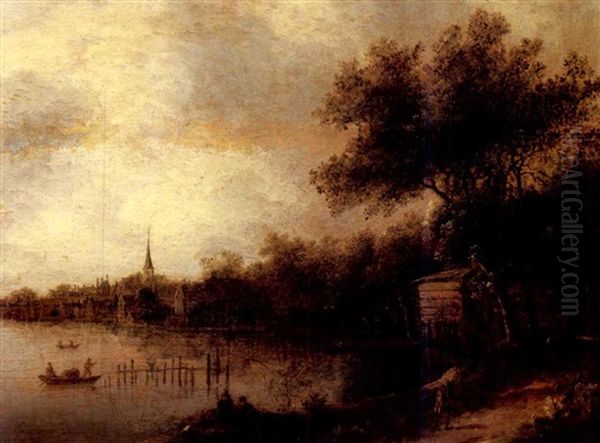 A Wooded River Landscape With Fishermen In A Boat, A Town Beyond Oil Painting by Cornelis Gerritsz Decker